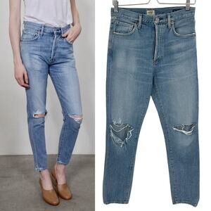 Citizens of Humanity Liya High Rise Classic Fit Jeans Torn Denim Blue Size 25
